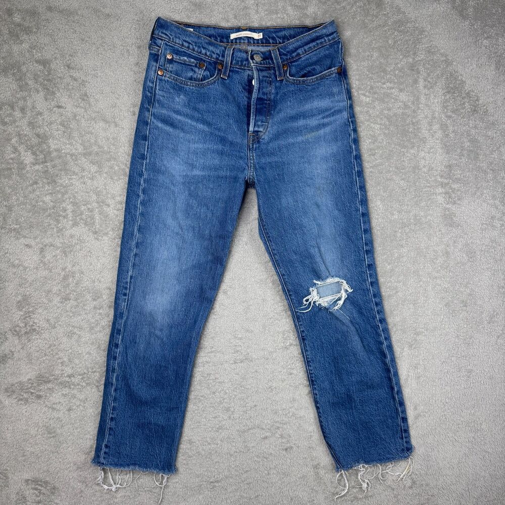 Levi's Wedgie Straight Ankle Jeans Womens 27 Blue Denim Frayed Hem Distressed